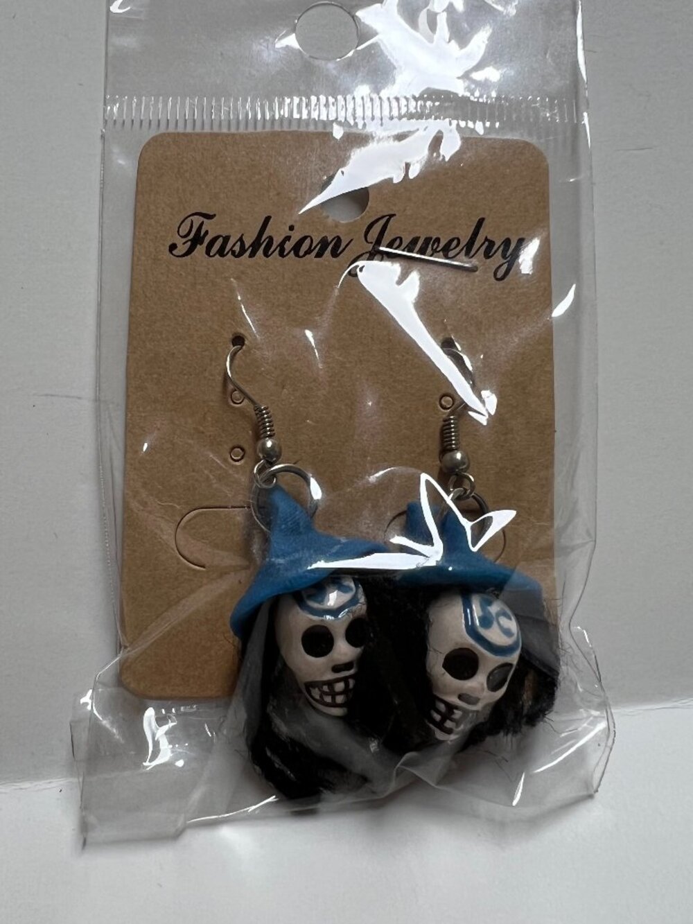Halloween Skeleton Skull Witch Hat Dangle Earrings Blue Gothic Spooky Jewelry